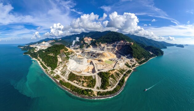 Conditions of Nickel Mining Views in Indonesia Accompanied by Beautiful Views of the Sky and Sea.