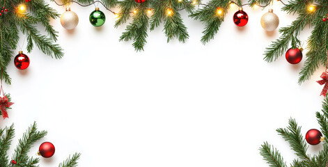 Seamless decorative christmas border with coniferous branches and garlands of christmas lights and ornaments