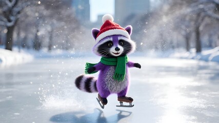 Cute Purple Cartoon Ice Skating in Winter