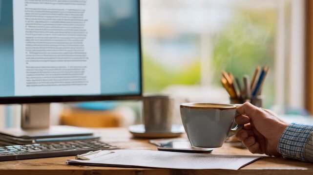 Marketing professional reviewing product description drafts on a computer screen with a coffee cup and stationery on the desk.