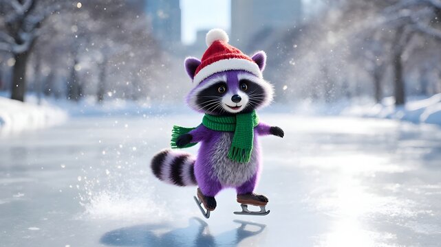 Cute Purple Cartoon Ice Skating in Winter