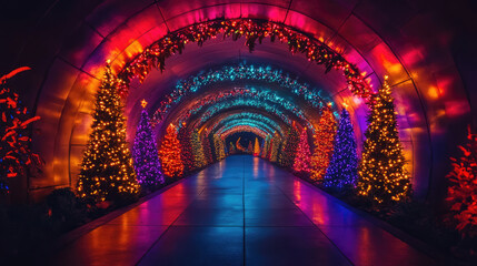 Illuminated Tunnel With Christmas Trees And Colorful Lights In Dark Background