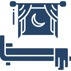 Bedroom interior with a bed and a window showing the moon and stars at night blue silhouette design