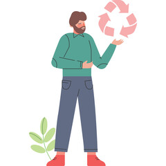 Bearded Man In Teal Long Sleeve Shirt And Blue Jeans Holding A Pink Recycling Symbol With Green Leaves On Transparent Background