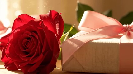 A close-up view of a vibrant red rose and a beautifully wrapped present with a silk pink bow, the perfect romantic gesture for an anniversary or special celebration