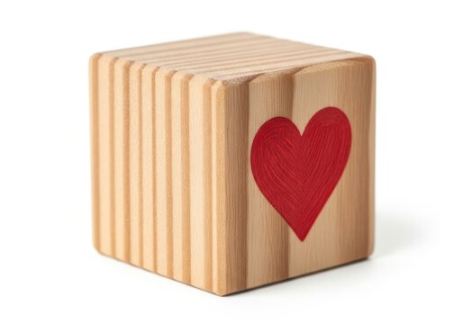 Wooden building block features a hand painted red heart symbol against a white background