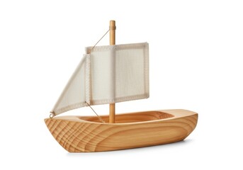 Fototapeta premium Simple wooden toy sailboat sits isolated against a white background
