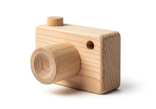 Simple wooden toy camera rests against a pure white background