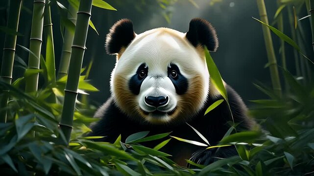 Bamboo leaves sway and part to reveal giant panda face peeking through foliage, soft natural light, intimate forest glimpse