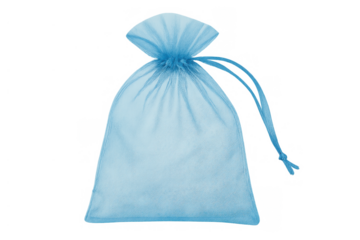 Blue organza drawstring pouch for gifts, jewelry, or small items. Transparent sheer fabric packaging solution with ribbon tie