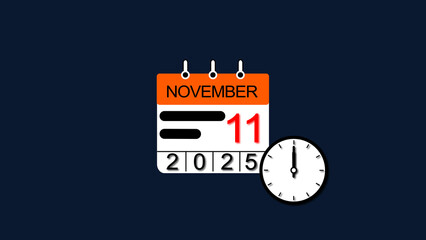 November 1 Date 2025 Calendar. 4K calendar with Clock illustration, blue background clean and stunning 4k illustration.	