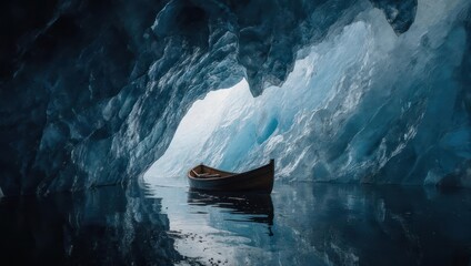 Boat in a stunning ice cave with water reflection and light.