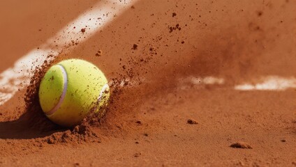 Close up of a tennis ball hitting the clay court and kicking up dust.