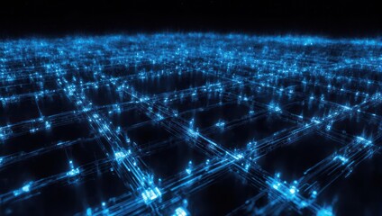 Abstract digital network of interconnected data points, glowing blue.
