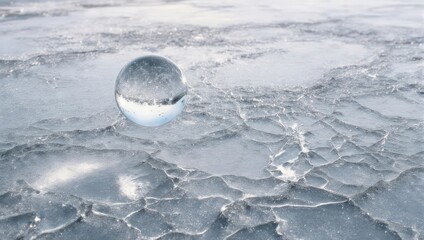 Crystal ball on cracked ice surface reflecting the sky.