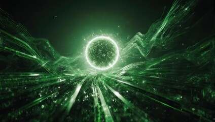 Abstract Green Energy Sphere Bursting with Light and Crystal Formations.