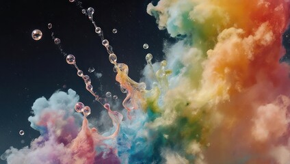 Colorful smoke and water droplets create a vibrant abstract composition.