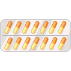 Blister pack containing twelve orange and yellow capsules with a transparent background and a subtle shadow effect