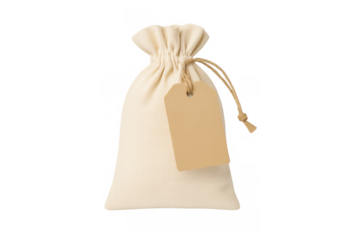 Drawstring linen gift bag with blank tag, eco friendly pouch for product packaging or merchandising on transparent background