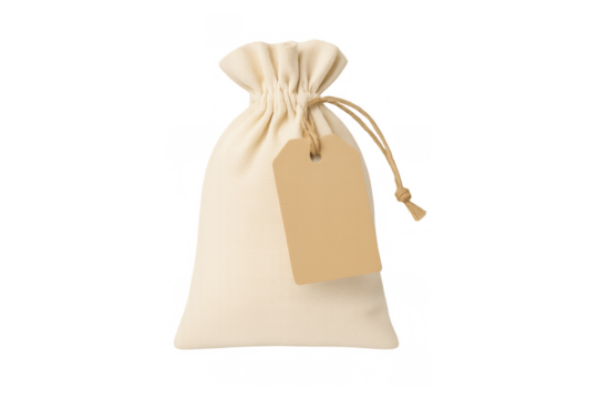 Drawstring linen gift bag with blank tag, eco friendly pouch for product packaging or merchandising on transparent background