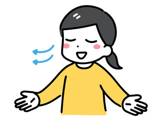 息を吐く目を閉じた私服の若い女性(上半身)