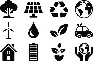 Eco and Sustainability Icons Set – Vector Symbols for Green Energy, Conservation, and Environmental Protection