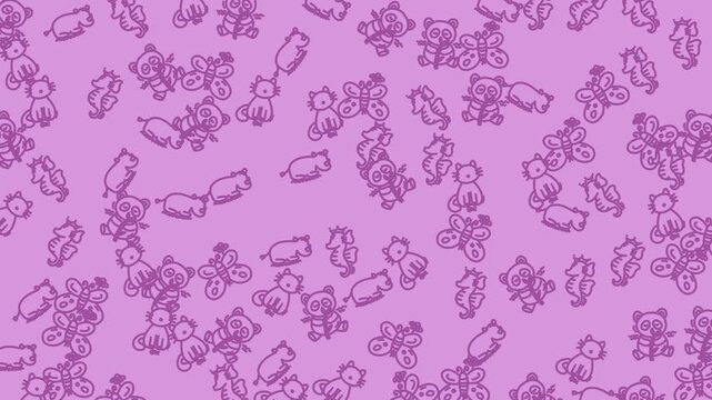Whimsical lilac pattern with playful animal doodles for charming children's designs, perfect for nursery decor and delightful party invitations