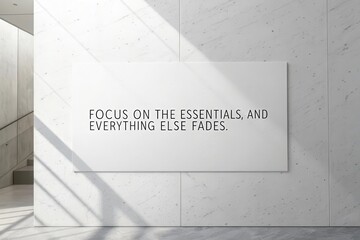 A motivational quote focusing on essentials displayed on a wall