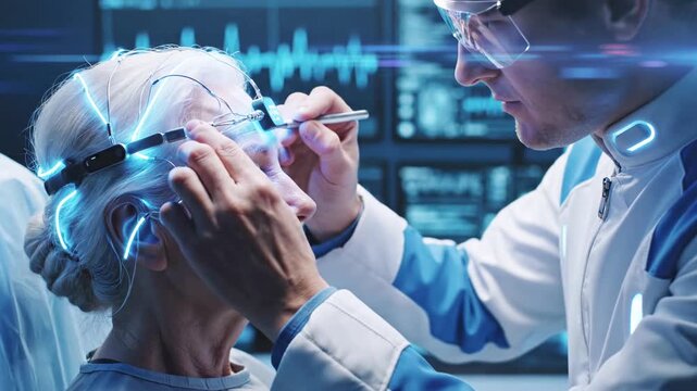 Medical professional adjusts a futuristic brain sensor on an elderly patient's head