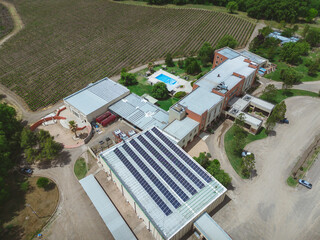 Aerial view of a residential area with solar panels