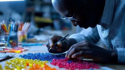 Medium shot of a designer crafting ecofriendly products using colorful recycled plastics highlighting sustainable innovation in material reuse. - Powered by Adobe