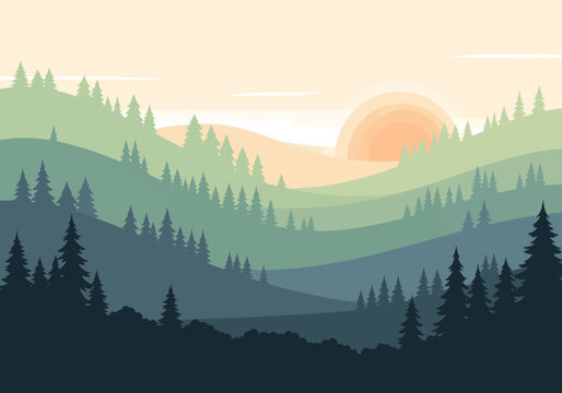 Layered stylized landscape of rolling hills and evergreen trees at sunset or sunrise