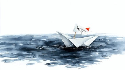 A simple white paper boat, a symbol of hope, floats on dark, choppy water with a flag bearing the word "hope".