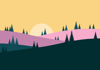Minimalist landscape illustration of rolling hills and pine trees at sunset