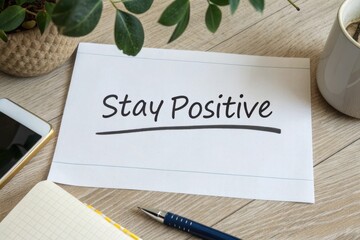 A note with Stay Positive message on a wooden desk
