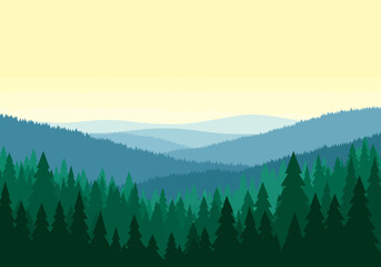 Layered vector landscape of dense evergreen forests stretching toward a pale yellow horizon