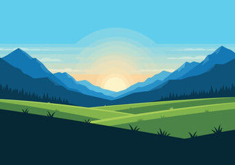 Minimalist vector illustration of sunrise over blue mountains and green rolling fields