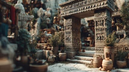 Obraz premium Ancient Sanctuary with Stone Archway and Sculptures Evoking Mystical Wonder