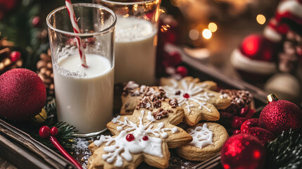 Christmas cookies and milk on a tray