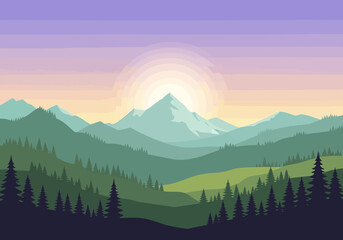 Stylized layered mountain landscape at sunrisesunset with forest foreground