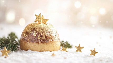 Elegant, gold-dusted Christmas pudding isolated on a soft white background, with miniature stars and holiday greenery