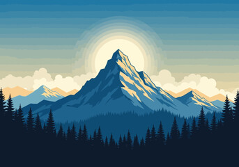 Stylized mountain landscape illustration with a rising sun over dark pine forest