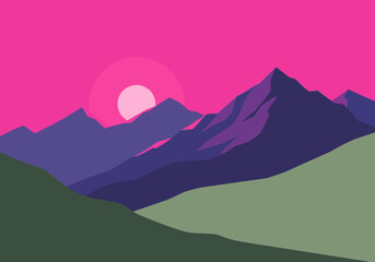 Stylized mountain range at sunset with pink sky and layered purple peaks