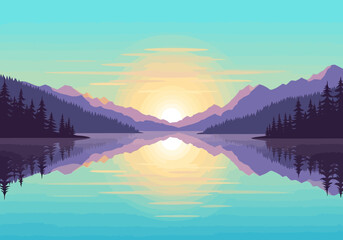 Stylized sunset over a calm lake reflecting purple mountains and dark pine forests