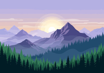 Stylized vector illustration of layered purple mountains at sunrise over a dark green forest