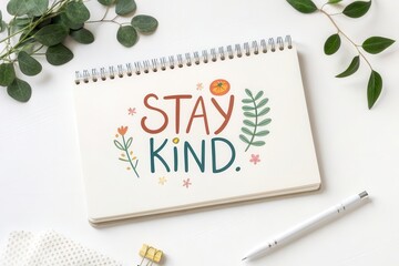 A notebook with inspirational text Stay Kind displayed clearly