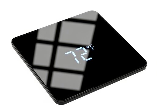 Square black digital display device shows seventy two degrees Fahrenheit measurement