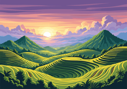 Vibrant stylized sunset over lush green rice terraces and rolling mountains