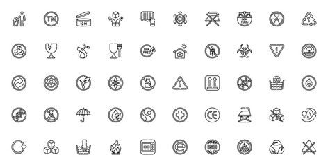 Packaging Symbols icon set. Vector symbol collection Includes Tidyman, Trademak, Recycling, Fragile, Toxc, Biohazard, Warning, Bioegradable, Microwave and mre.