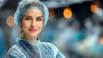 A young woman wearing a blue surgical cap and gown smiles directly at the camera, appearing to be a medical professional.